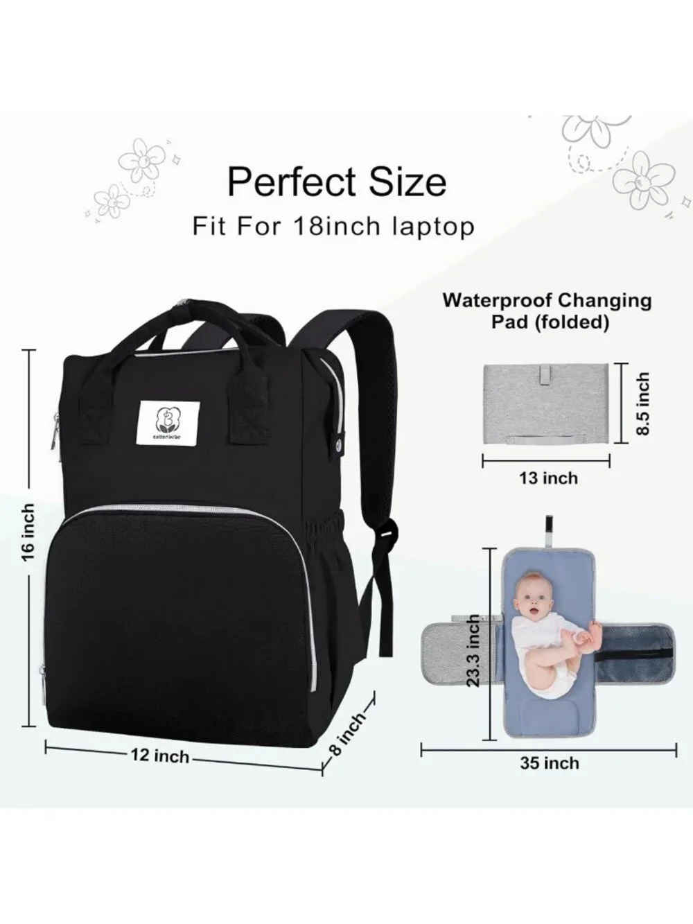 Large Waterproof Diaper Bag Backpack with Changing Pad, Stroller Straps